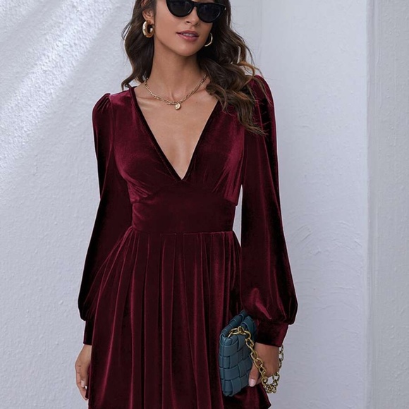 burgundy velvet v neck lantern sleeve zip up dress - Picture 7 of 11